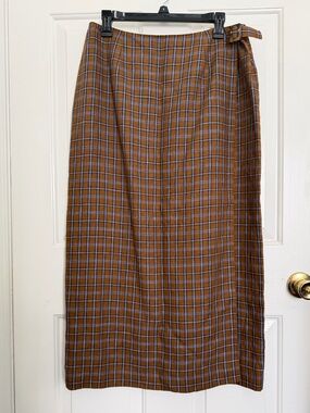 Casual Corner Brown Linen Plaid Midi Skirt with Side tie detail